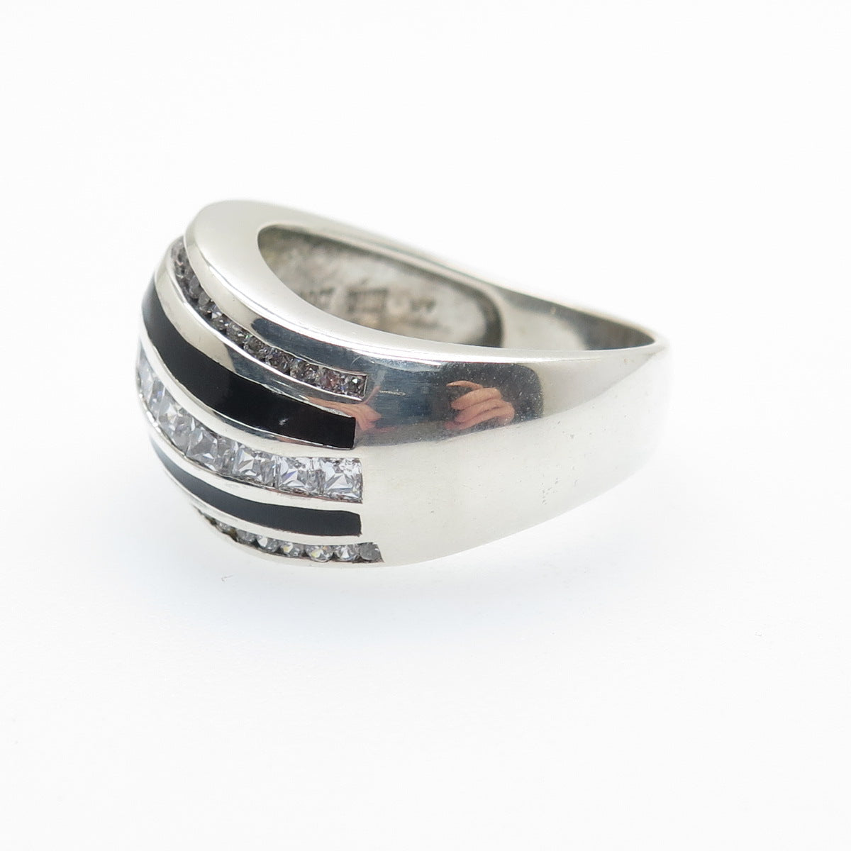 925 Sterling Silver Black Enamel & White C Z Wavy Ring Size 8