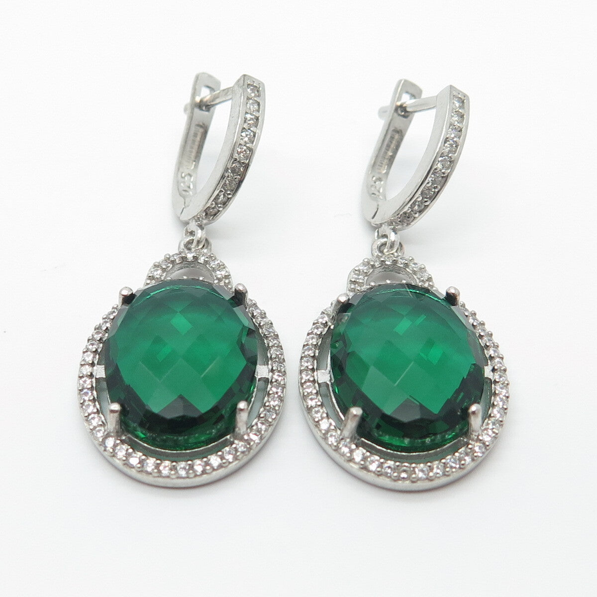 925 Sterling Silver White & Green C Z Dangling Earrings