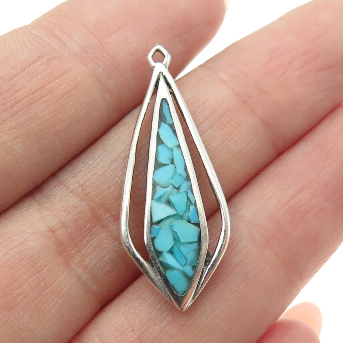 Old Pawn 925 Sterling Silver Vintage Southwestern Turquoise Inlay Tribal Pendant