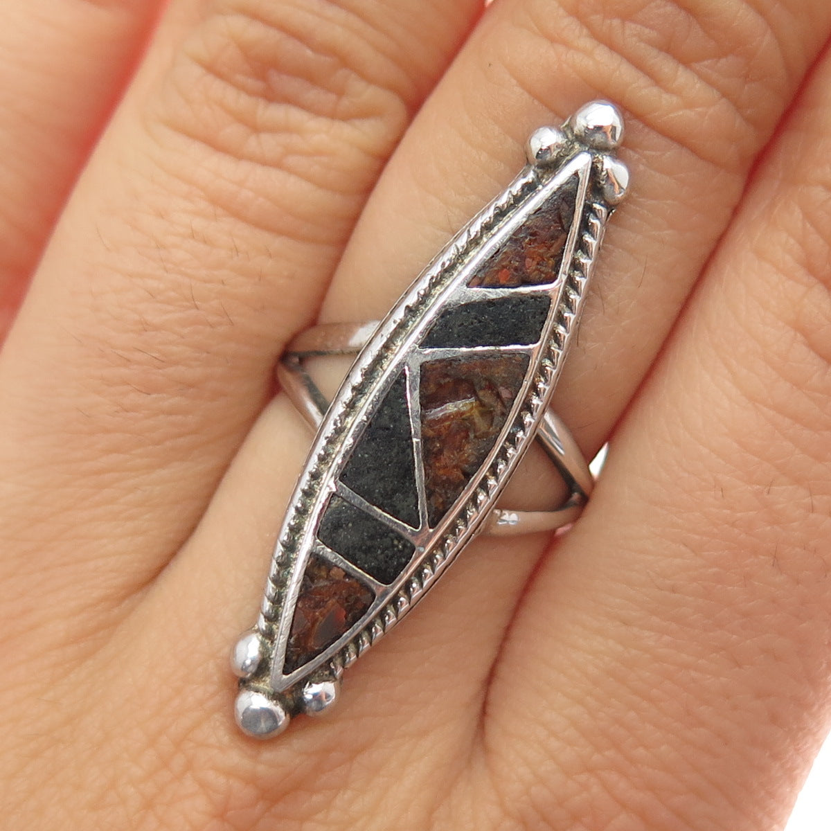 Old Pawn 925 Sterling Silver Vintage Jasper Black Onyx Inlay Tribal Ring Size 7