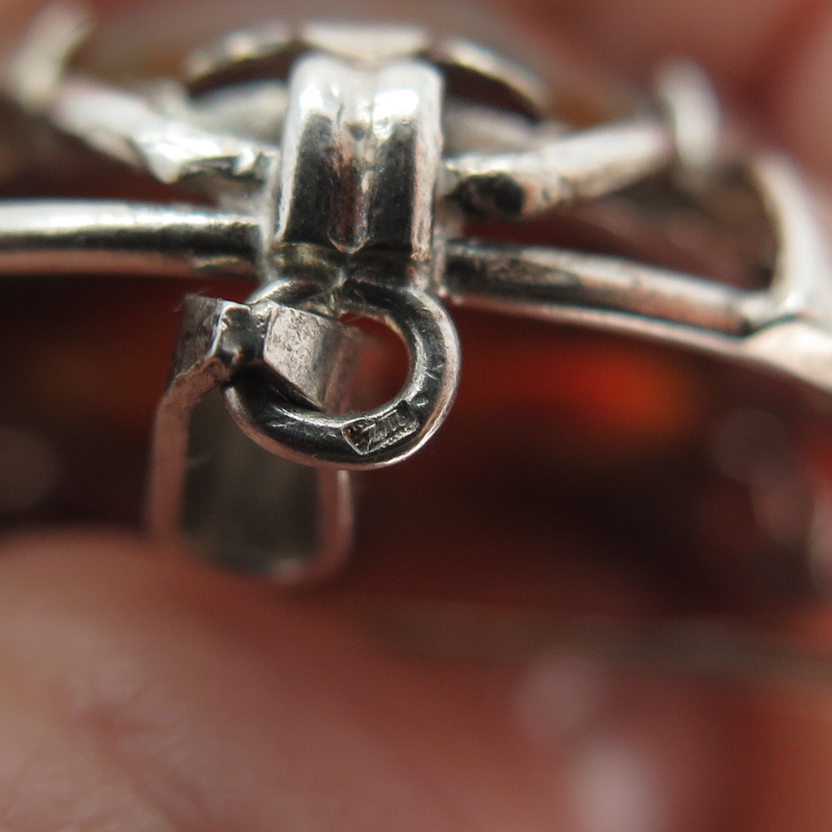 835 Silver Vintage Netherlands Real Fire Agate Gem Ornate Frame Pendant / Brooch