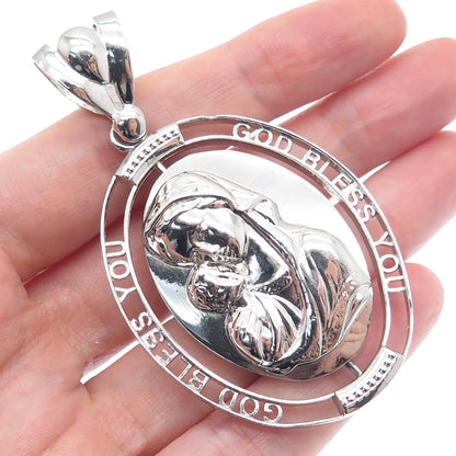 925 Sterling Silver St. Mary & Jesus God Bless You Double Sided Pendant
