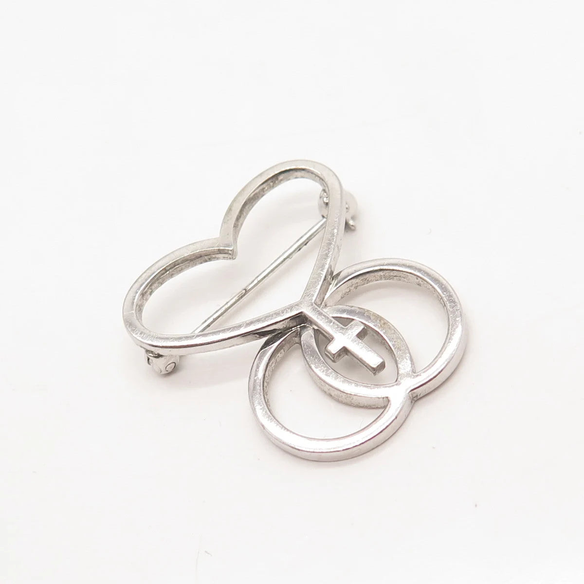 925 Sterling Silver Vintage Heart Cross Circles Pin Brooch