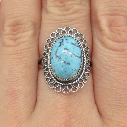 BEAU Sterling Silver Antique Art Deco Faux Turquoise Adjustable Ring Size 6.5