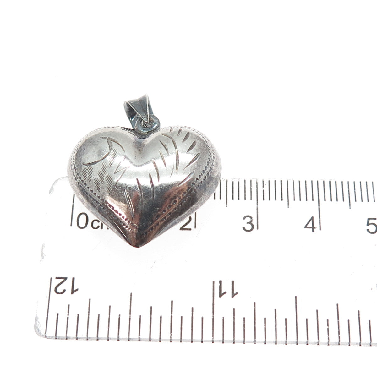 925 Sterling Silver Vintage Engraved Puffy Heart Oxidized Charm Pendant