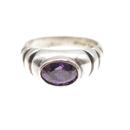 925 Sterling Silver Vintage Real Amethyst Modernist Oxidized Ring Size 4.75