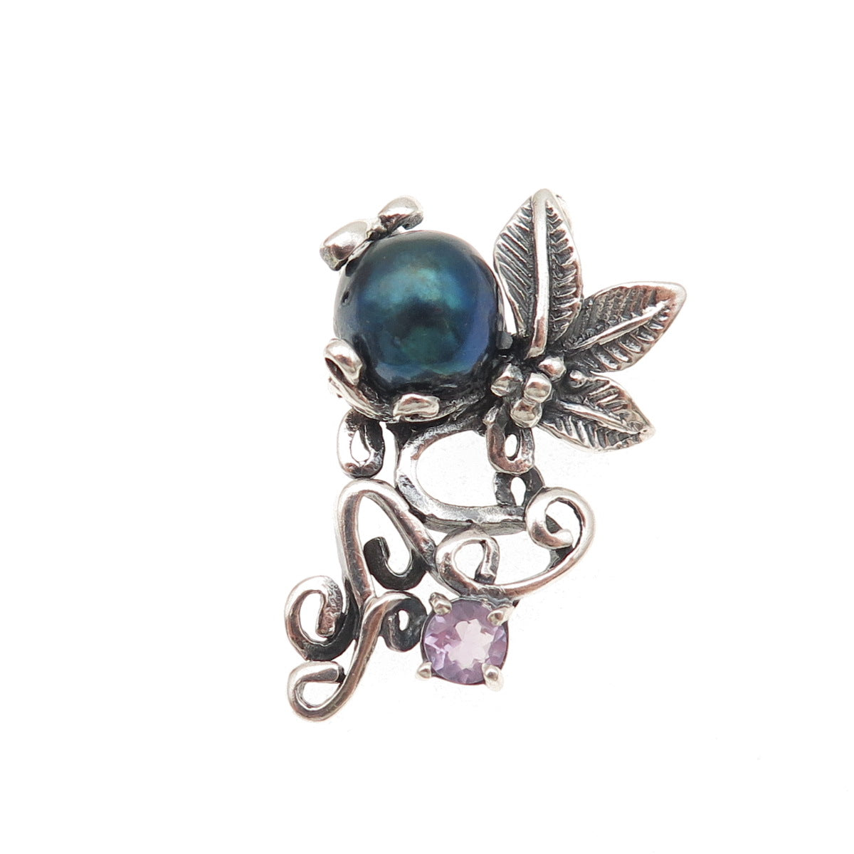 925 Sterling Silver Vintage Real Abalone Shell & Amethyst Floral Slide Pendant