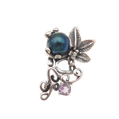 925 Sterling Silver Vintage Real Abalone Shell & Amethyst Floral Slide Pendant