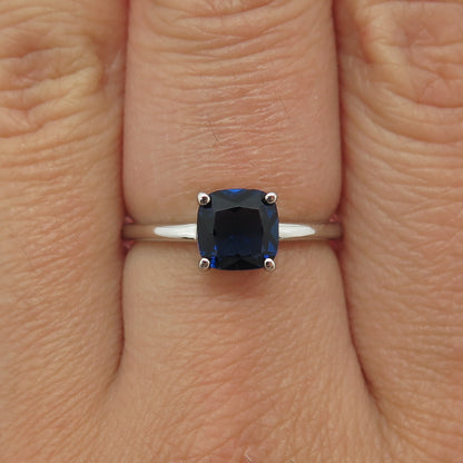 DAZZLERS 925 Sterling Silver Cushion-Cut Nano Sapphire Ring Size 6.75