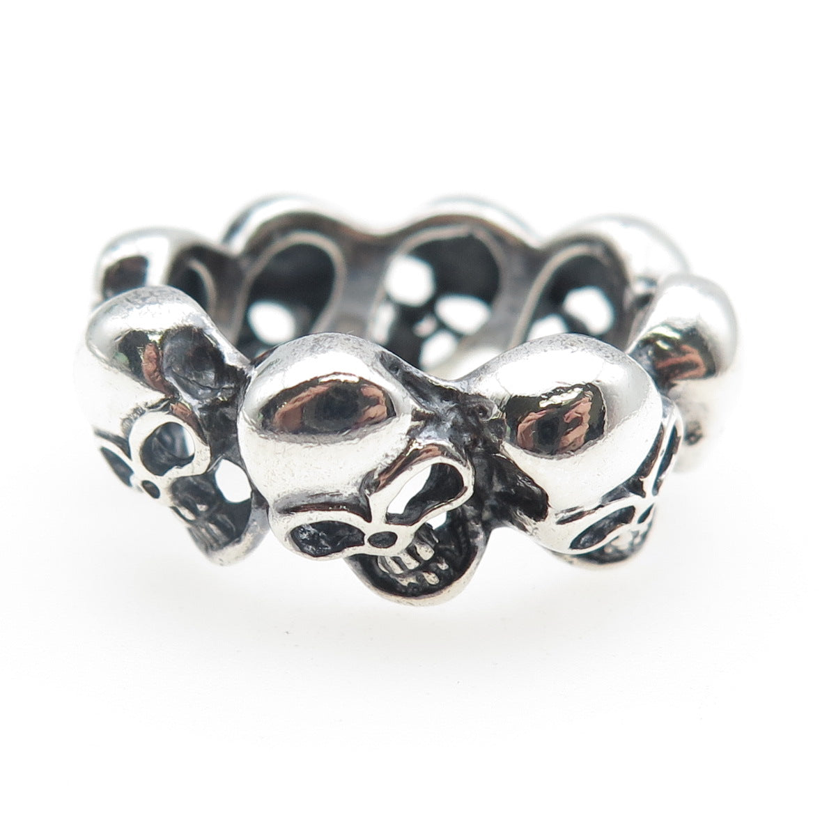 925 Sterling Silver Vintage Skull All Around Oxidized Biker Ring Size 9.75