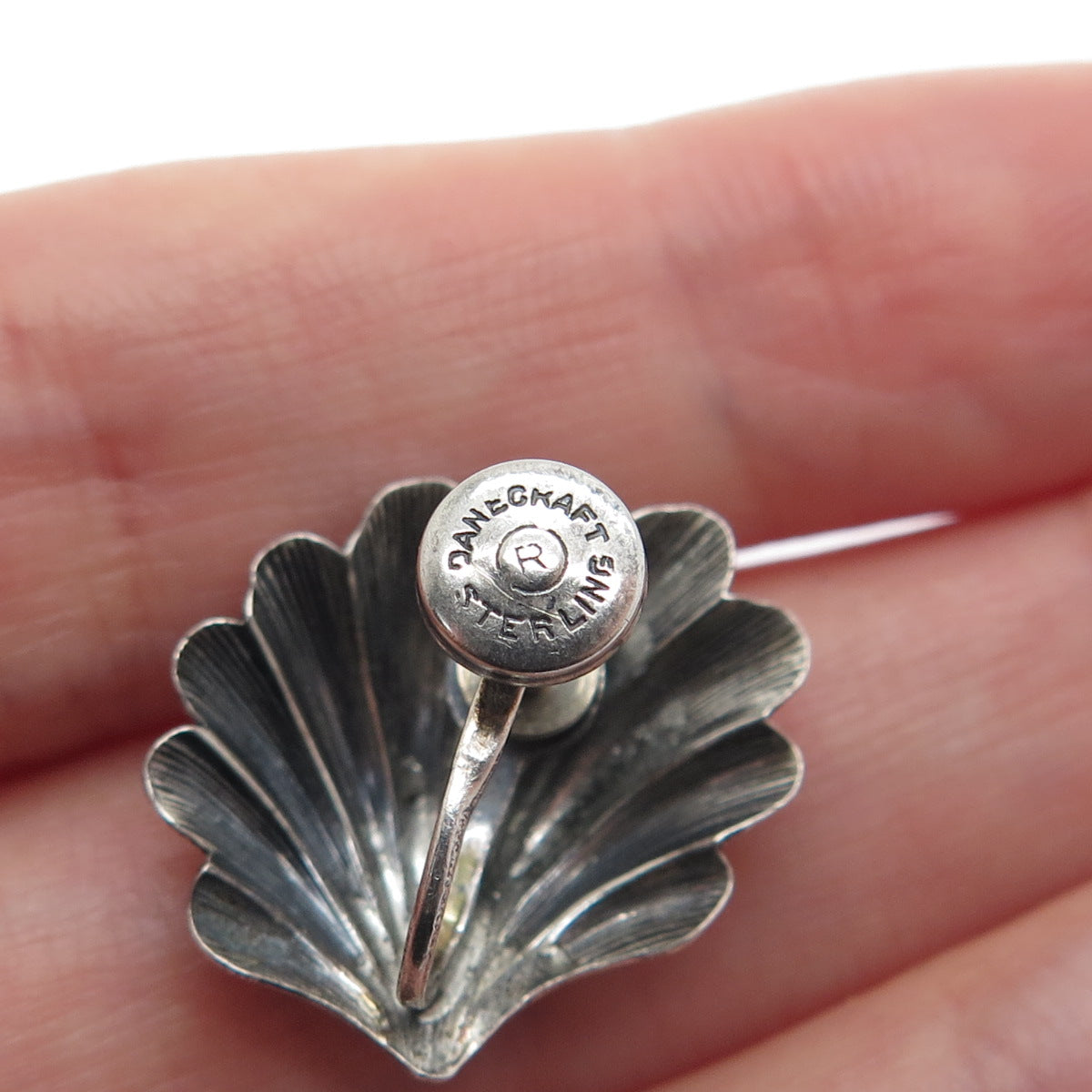 DANECRAFT Sterling Silver Antique Art Deco Seashell Oxidized Screw Back Earrings