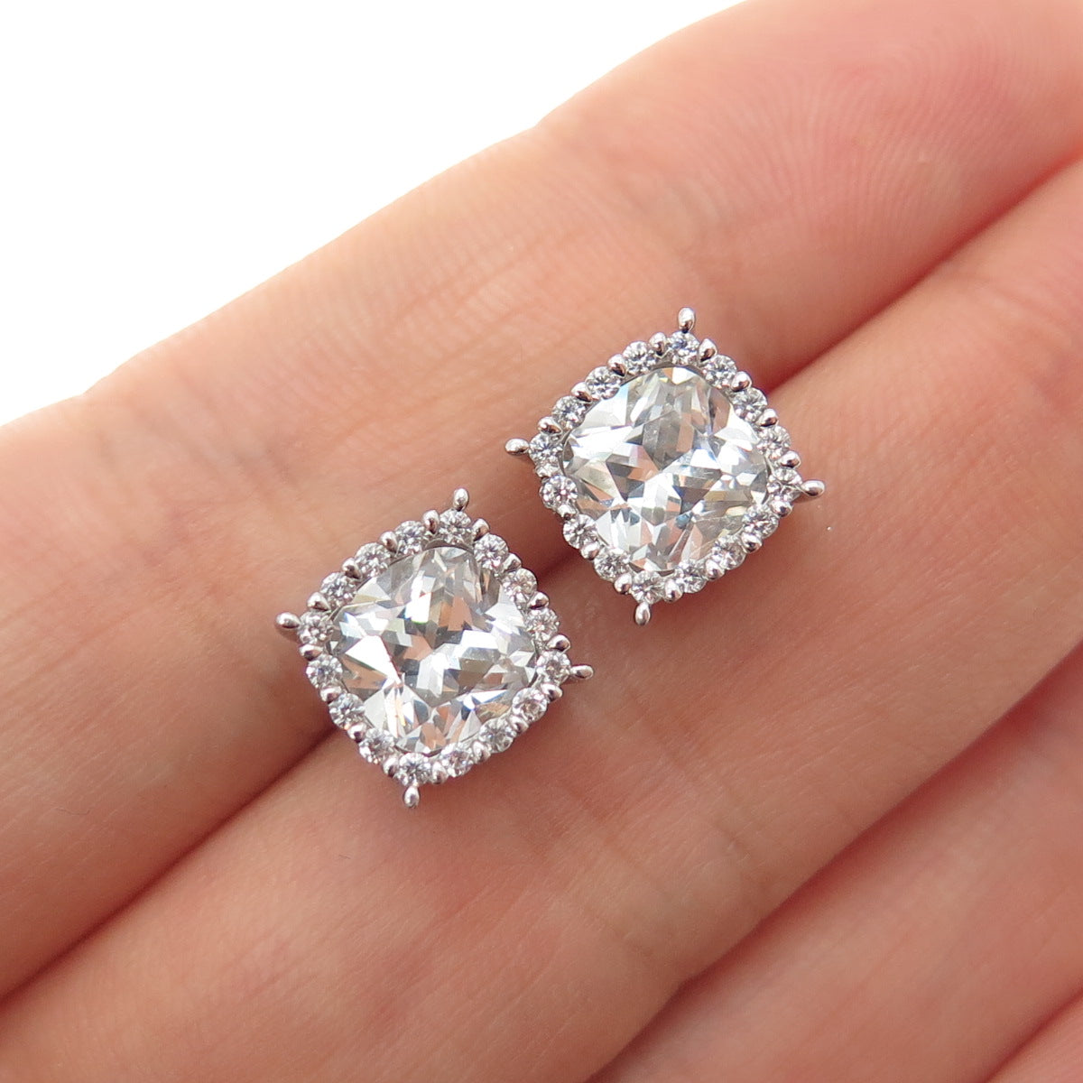925 Sterling Silver Cushion & Round-Cut C Z Stud Earrings