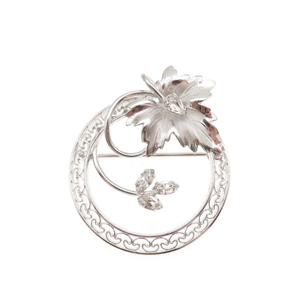 Carl Art 925 Sterling Silver Vintage Rhinestone Floral Leaf Pin Brooch