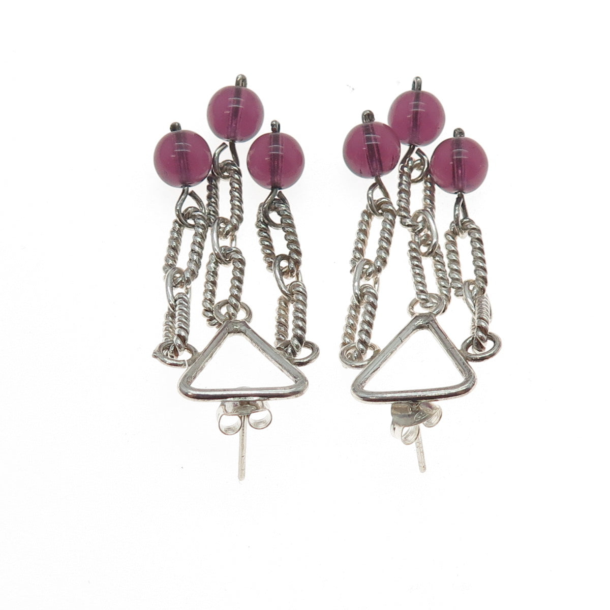 925 Sterling Silver Vintage Amethyst Modernist Drop Chain Ball Dangle Earrings