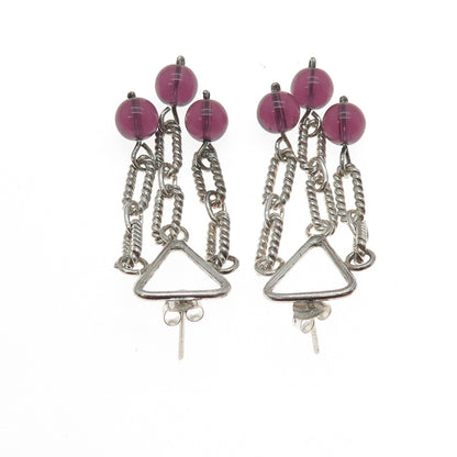 925 Sterling Silver Vintage Amethyst Modernist Drop Chain Ball Dangle Earrings