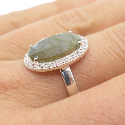 FRANK AHM 925 Sterling Silver Real Oval-Cut Labradorite & C Z Ring Size 7.25