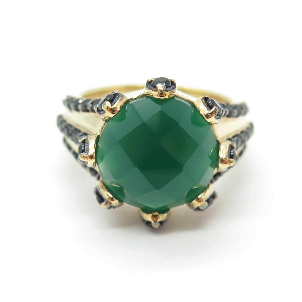 925 Sterling Silver Gold Plated Checkered Green Onyx & Black Spinel Ring Size 7