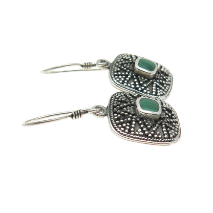 925 Sterling Silver Vintage Real Malachite Granulated Oxidized Dangle Earrings