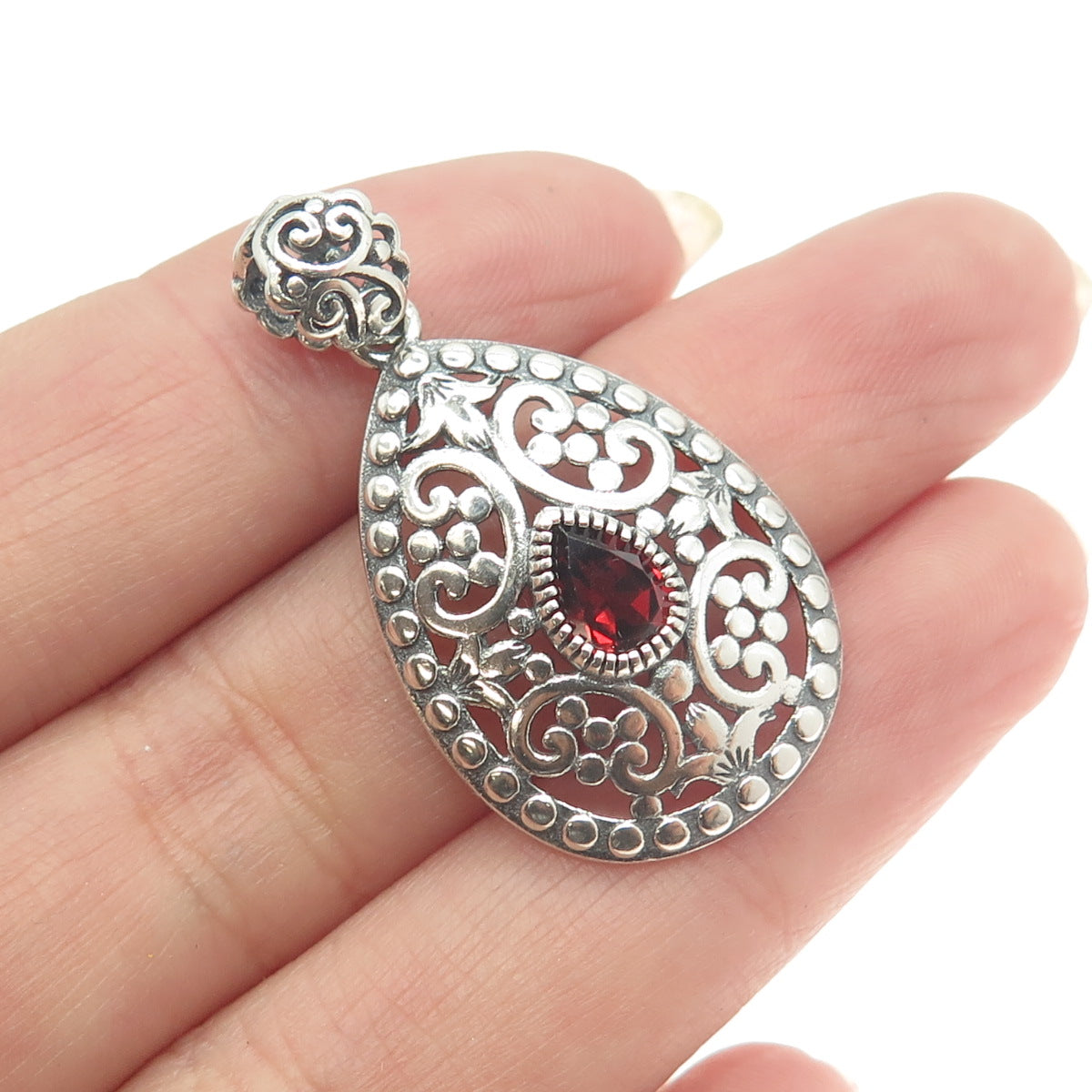 BERIA 925 Sterling Silver Pear-Cut Red Garnet Ornate Teardrop Pendant