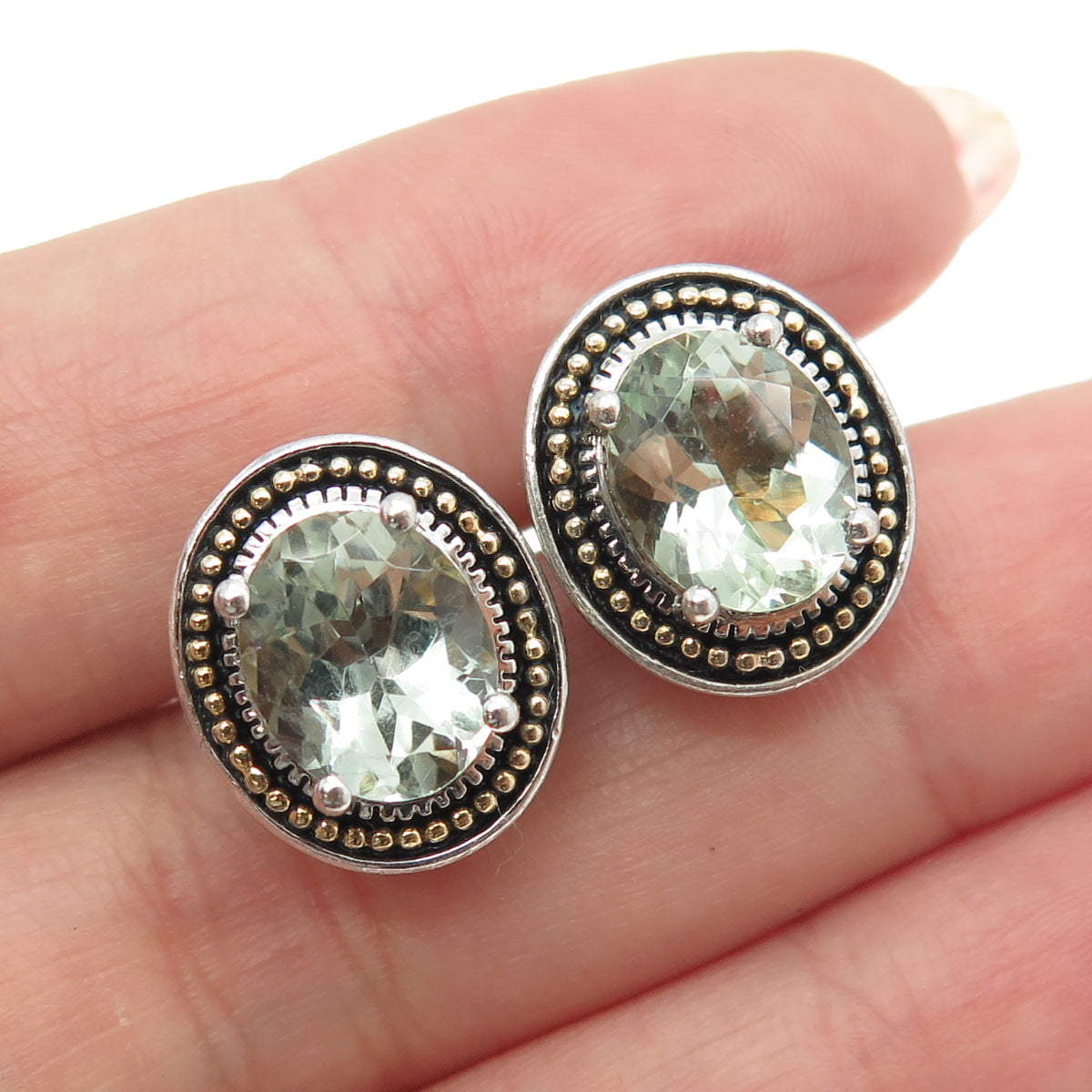 14K Yellow Gold & 925 Sterling Silver Vintage Real Oval Green Amethyst Earrings