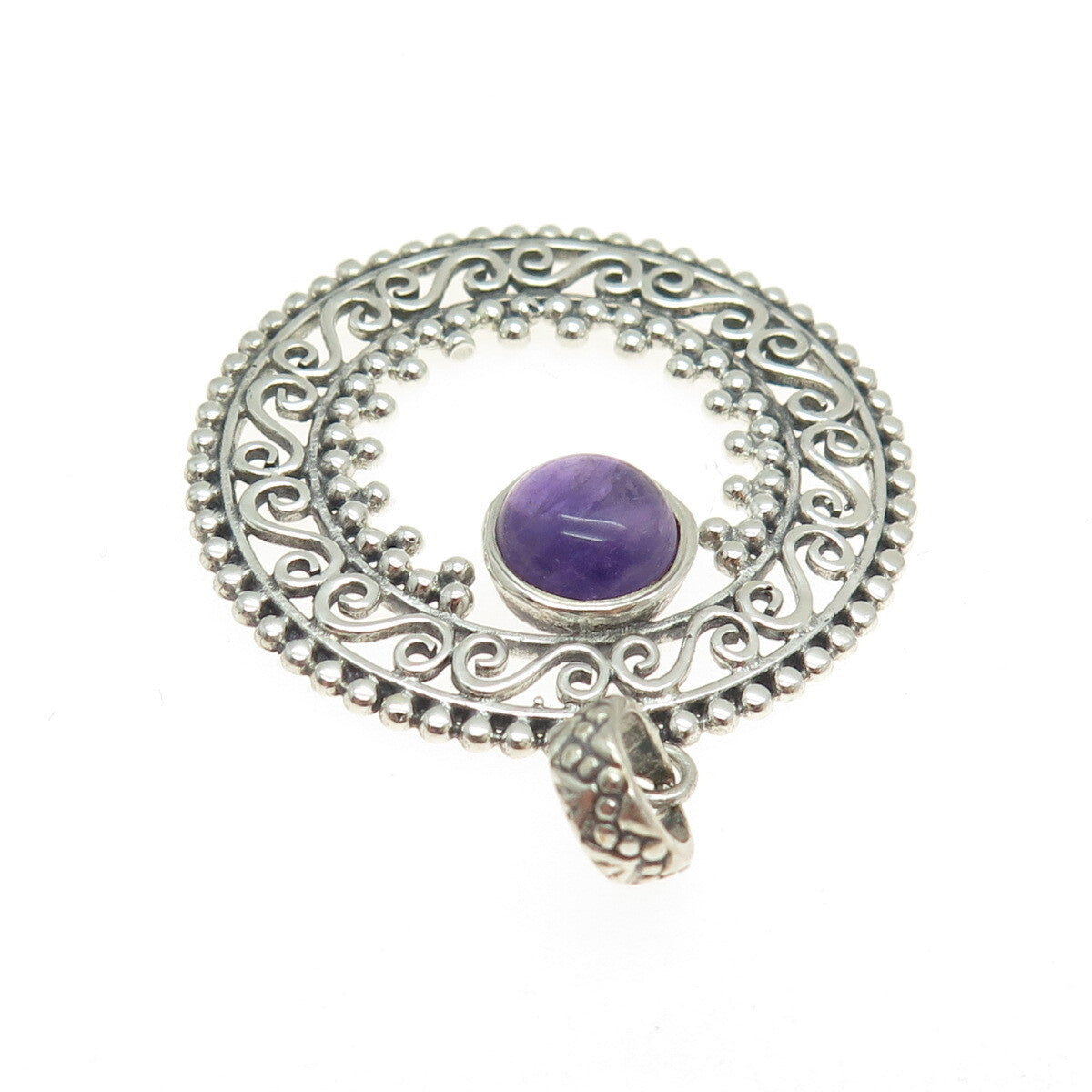 925 Sterling Silver Vintage Real Amethyst Swirl Granulated Pendant