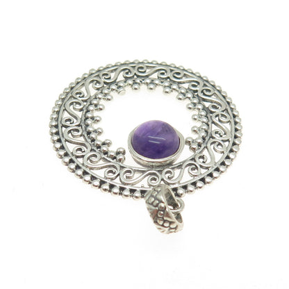 925 Sterling Silver Vintage Real Amethyst Swirl Granulated Pendant