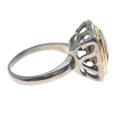 925 Sterling Silver Black Rhodium 2-Tone Diamond & Smoky Quartz Ring Size 6.75