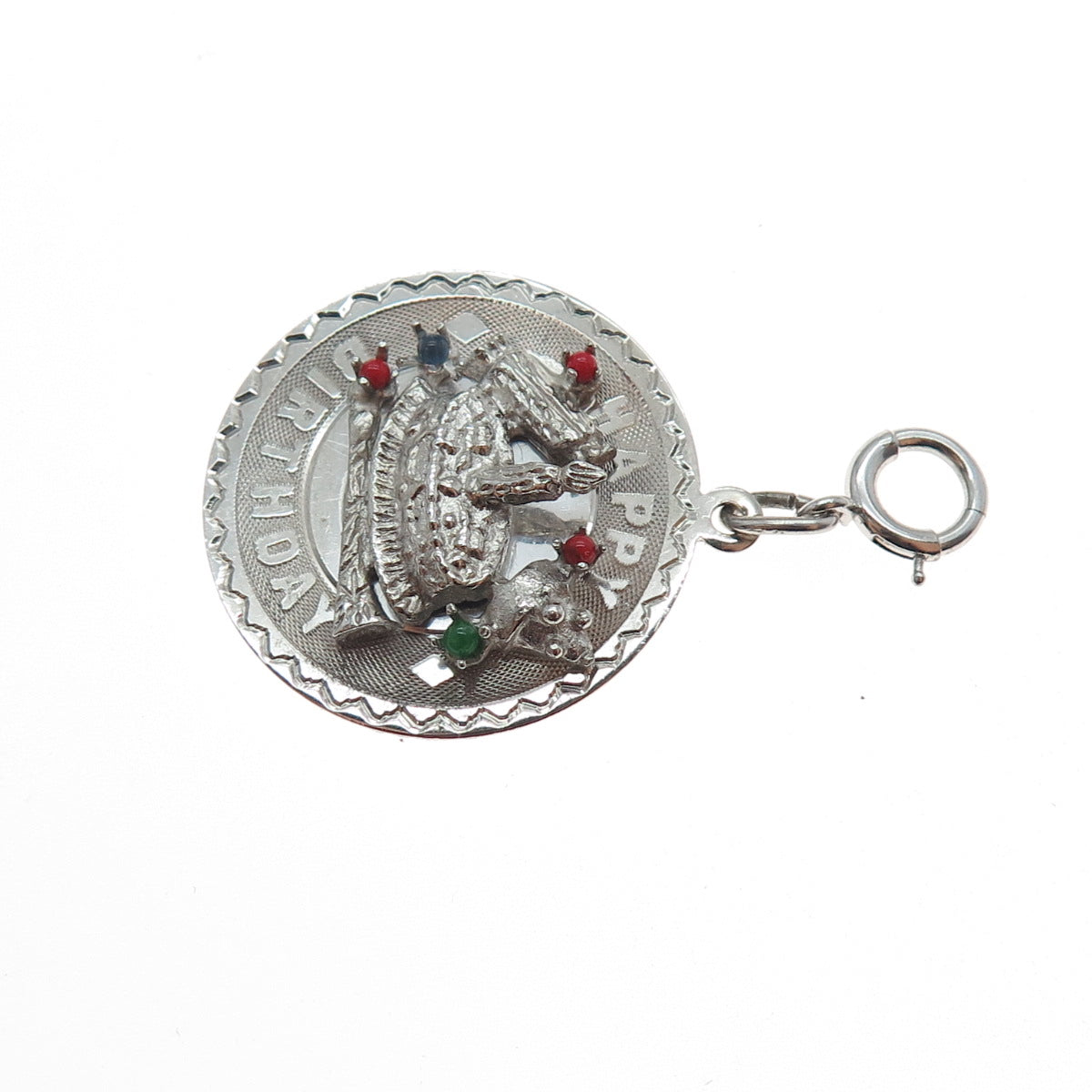 ELCO Sterling Silver Vintage Rhinestone Happy Birthday Cake Spring Ring Pendant