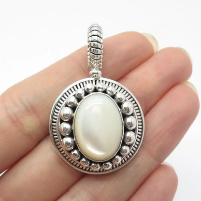 925 Sterling Silver Vintage Suarti Bali Mother-of-Pearl Beaded Oval Pendant