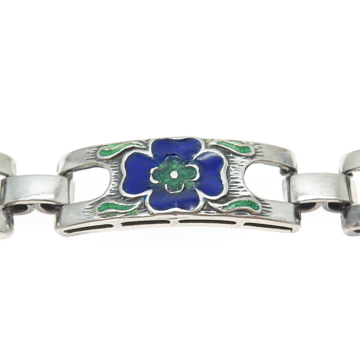 925 Sterling Silver Vintage Enamel Floral Panel Link Oxidized Bracelet 7.5"