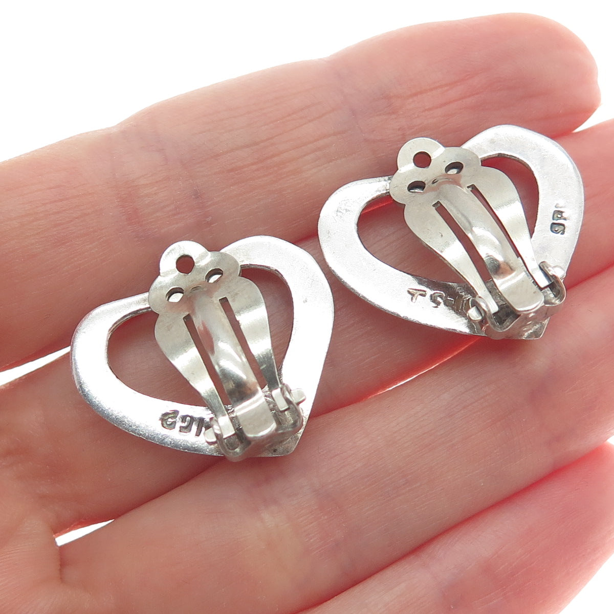 925 Sterling Silver Vintage Mexico Open Heart Clip On Earrings