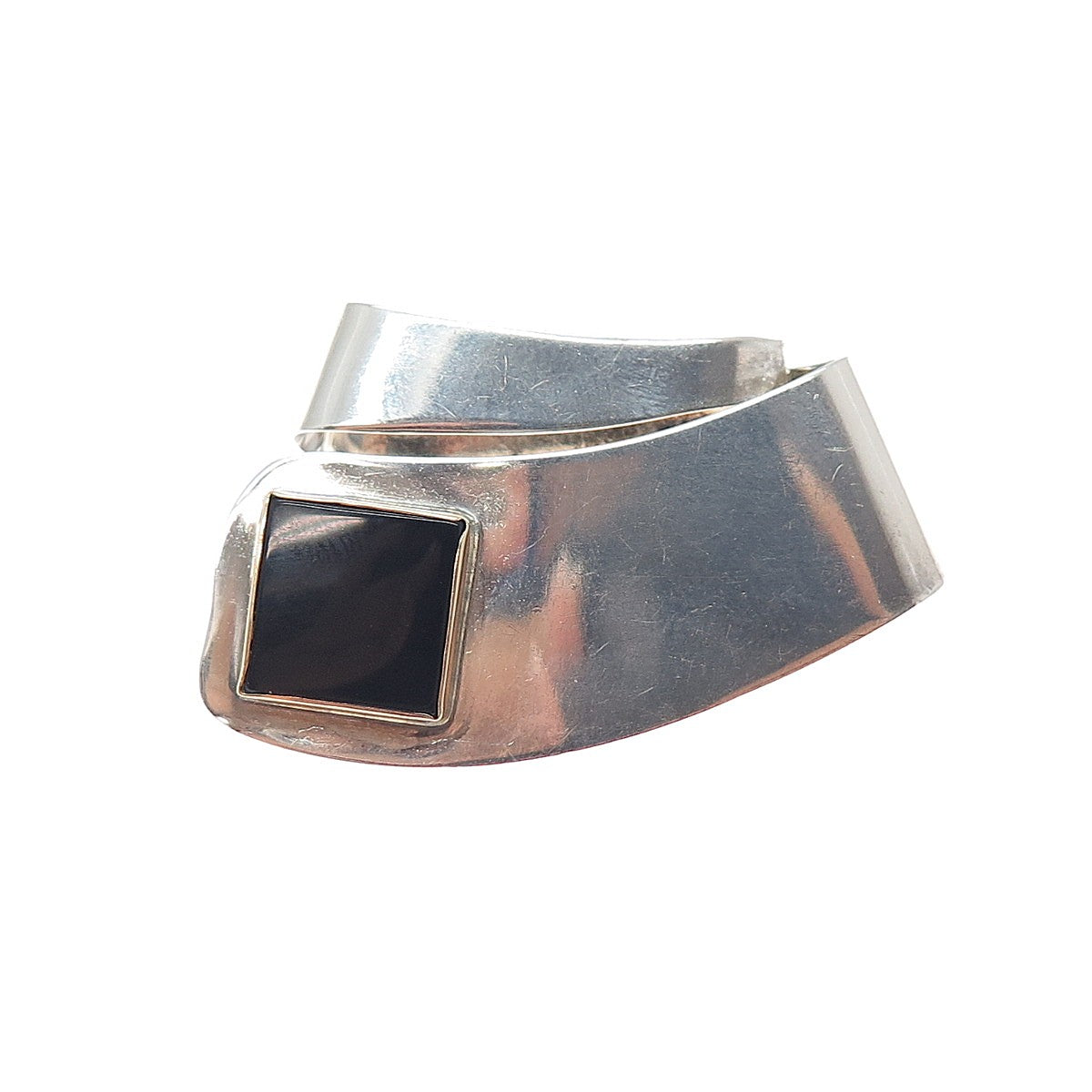 925 Sterling Silver 14K Gold Vintage Real Black Onyx Modernist Pin Brooch