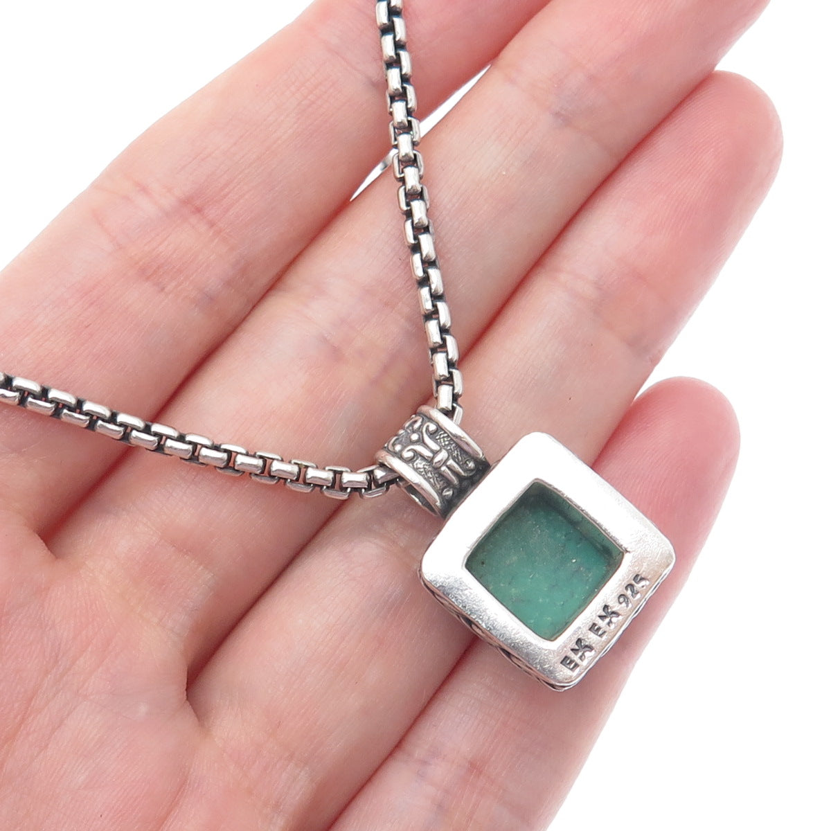 EXEX Claudia Agudelo Sterling Vintage Turquoise Round Box Chain Necklace 16-18"