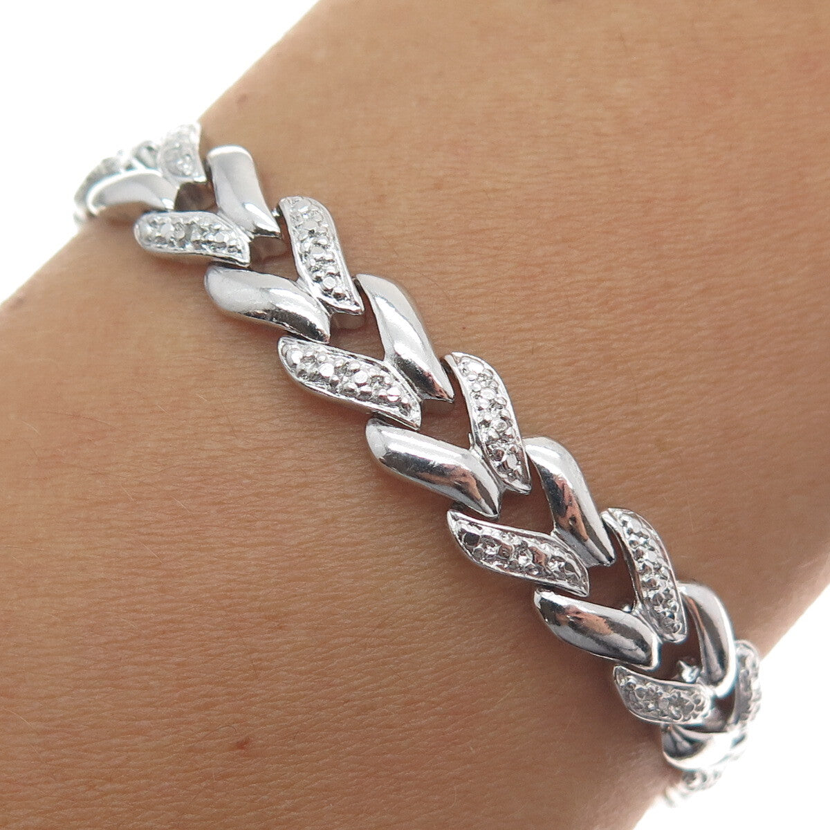 ROSS SIMONS 925 Sterling Silver Diamond Accent Herringbone Link Bracelet 7.25"