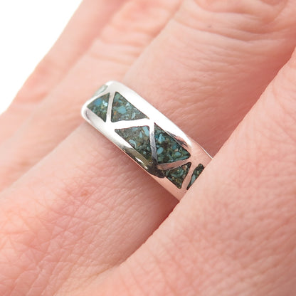 Old Pawn 925 Sterling Silver Vintage Turquoise Inlay Tribal Band Ring Size 9.75