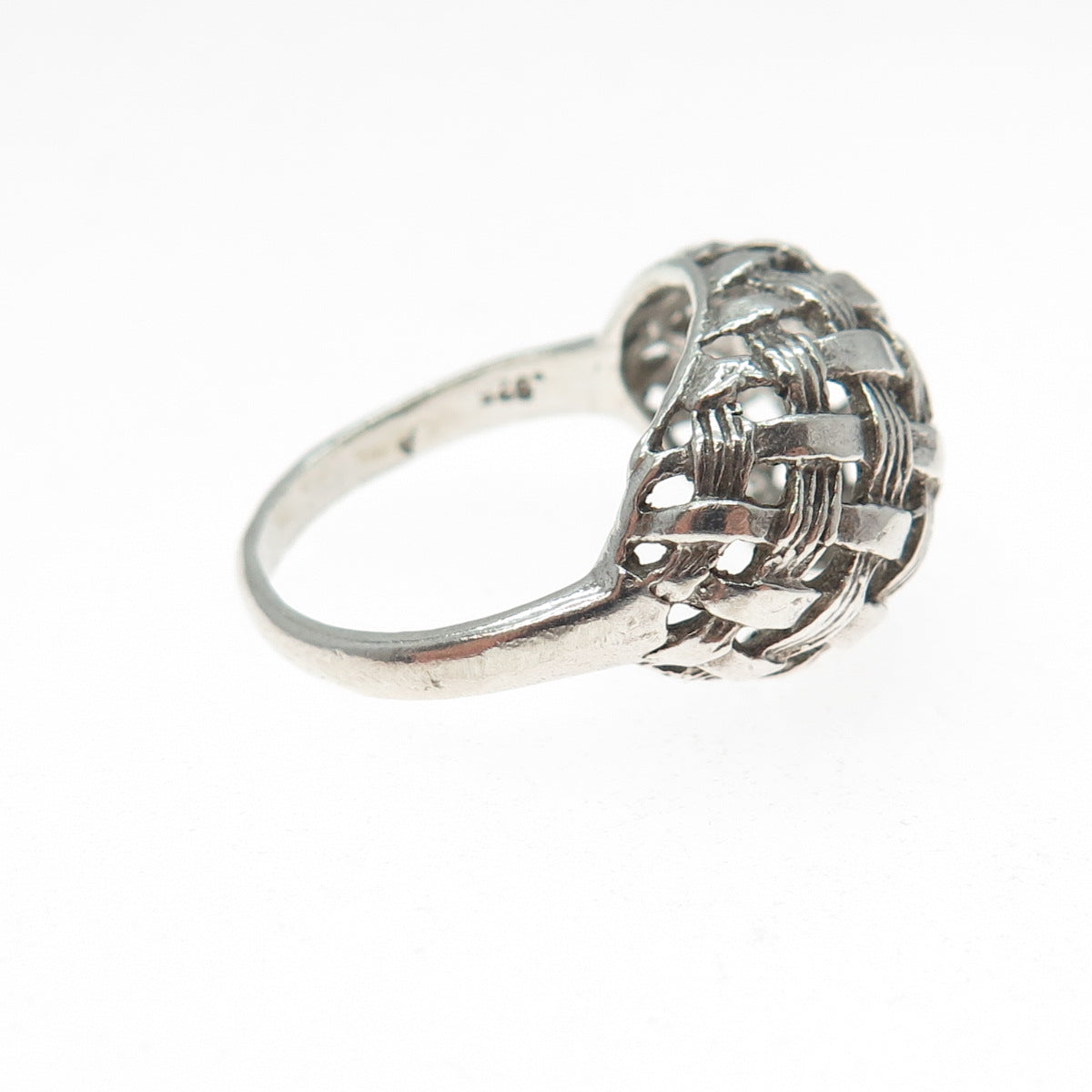 925 Sterling Silver Vintage Modernist Woven Dome Oxidized Ring Size 7