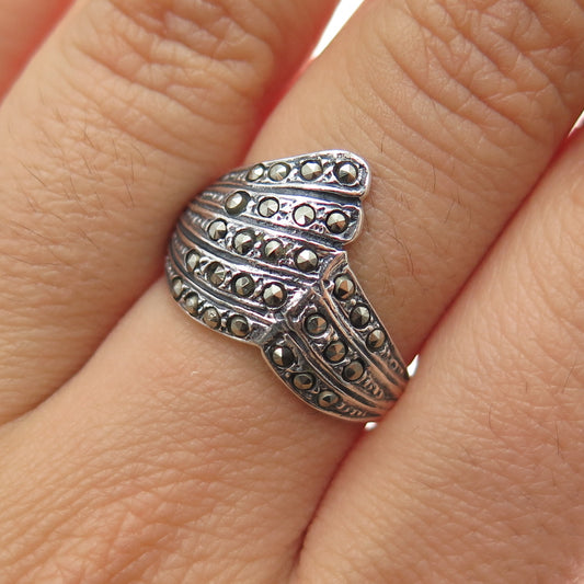 925 Sterling Silver Vintage Real Marcasite Modernist Oxidized Ring Size 7