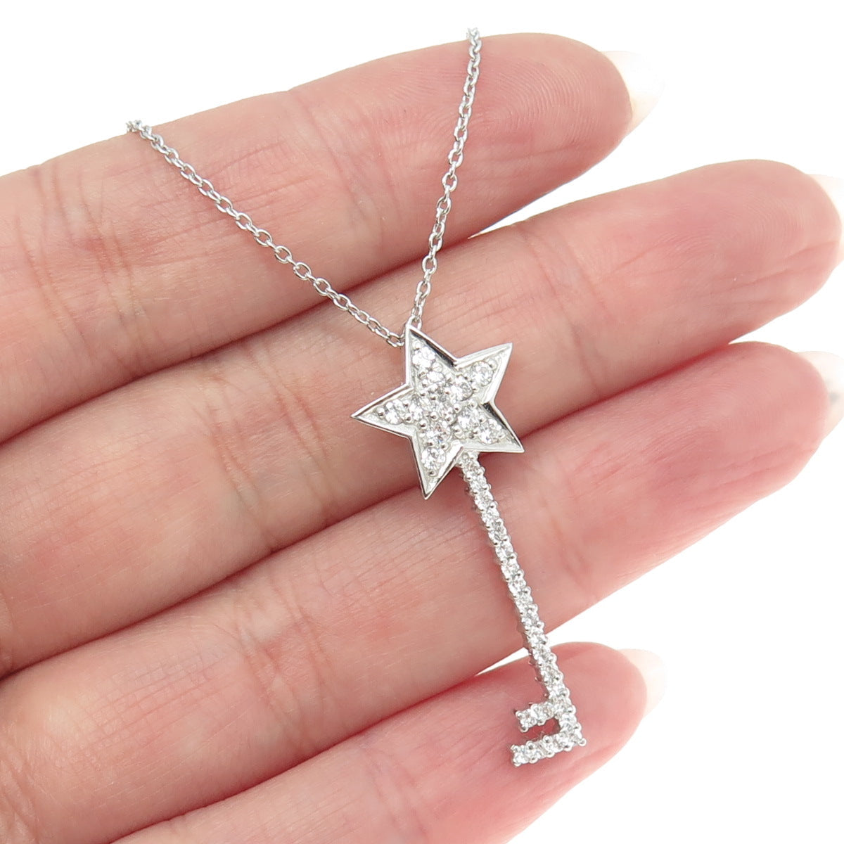 925 Sterling Silver Pave C Z Key Star Rolo Chain Necklace 18"