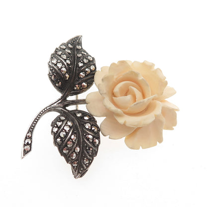 925 Sterling Silver Antique Art Deco Germany Real Marcasite Rose Pin Brooch