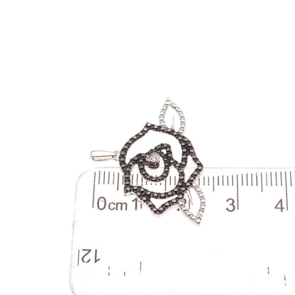 925 Sterling Silver Black Rhodium Real Diamond Accent Rose Floral Charm Pendant