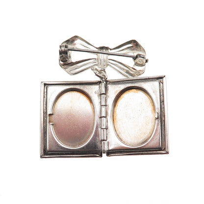 925 Sterling Silver Antique Art Deco Bow Floral Locket Pin Brooch