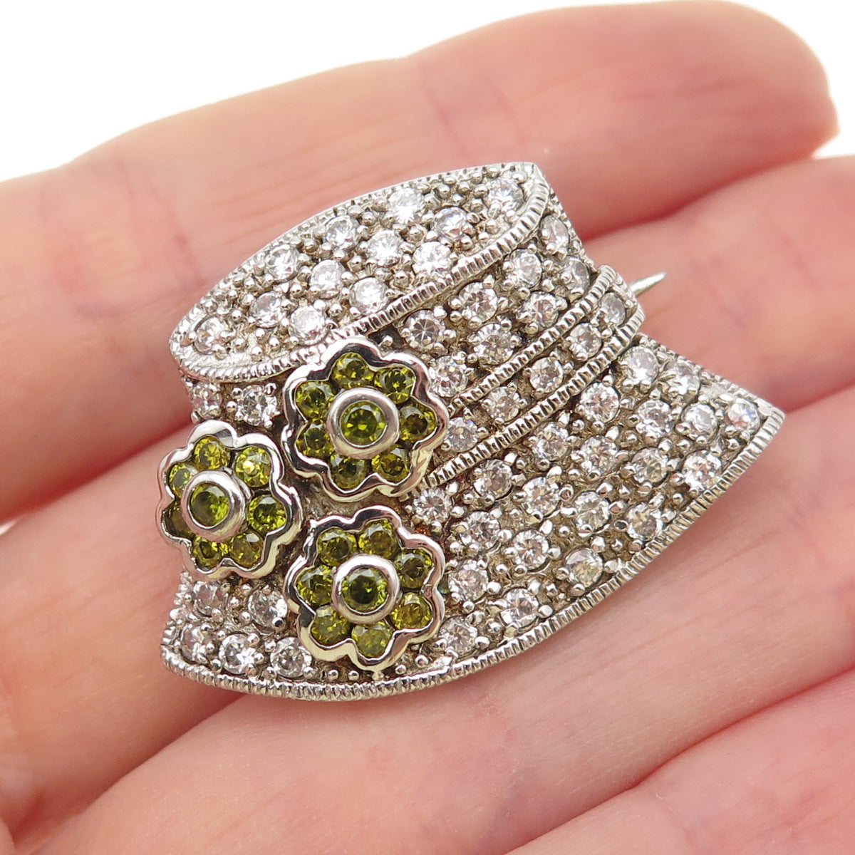 925 Sterling Silver Vintage Round-Cut Green & White C Z Summer Hat Pin Brooch