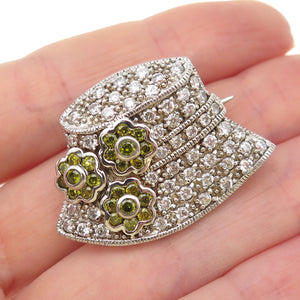 925 Sterling Silver Vintage Round-Cut Green & White C Z Summer Hat Pin Brooch