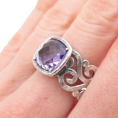 925 Sterling Silver Vintage Israel Real Amethyst Swirl Oxidized Ring Size 10