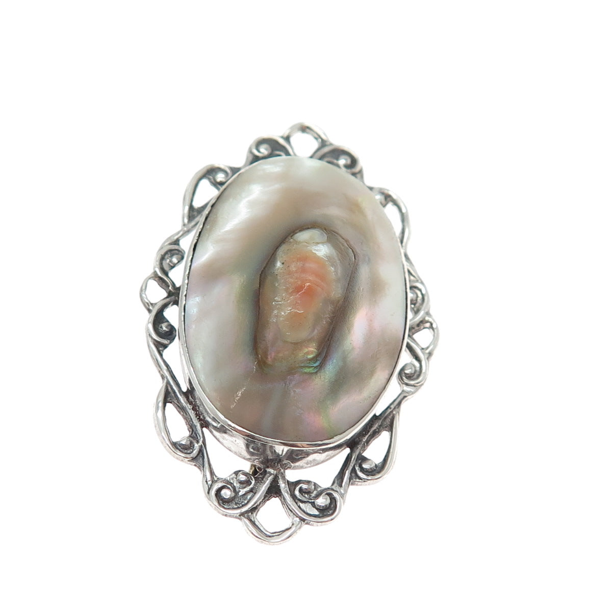 925 Sterling Silver Antique Art Deco Real Blister Pearl Oxidized Pin Brooch