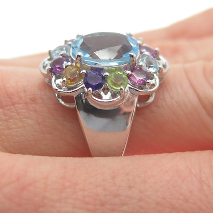 925 Sterling Silver Real Topaz Amethyst Peridot Citrine & Tourmaline Ring Size 7