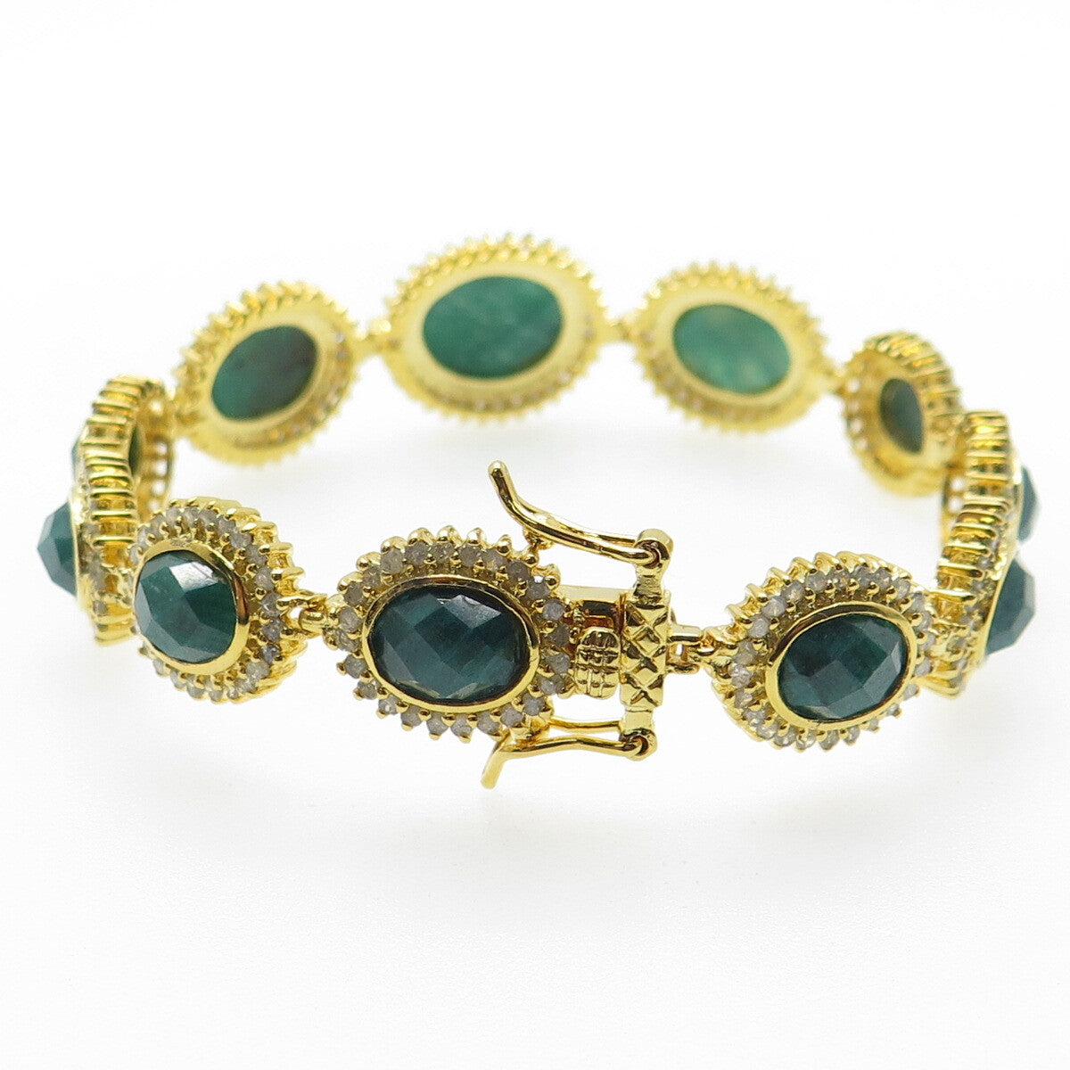 925 Sterling Silver Gold Plated Diamond & Emerald Gem Tennis Link Bracelet 6.75"
