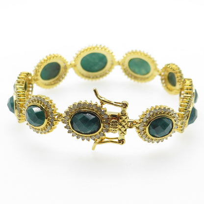 925 Sterling Silver Gold Plated Diamond & Emerald Gem Tennis Link Bracelet 6.75"