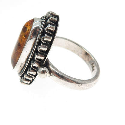 925 Sterling Silver Vintage Real Amber Modernist Oxidized Ring Size 9.5