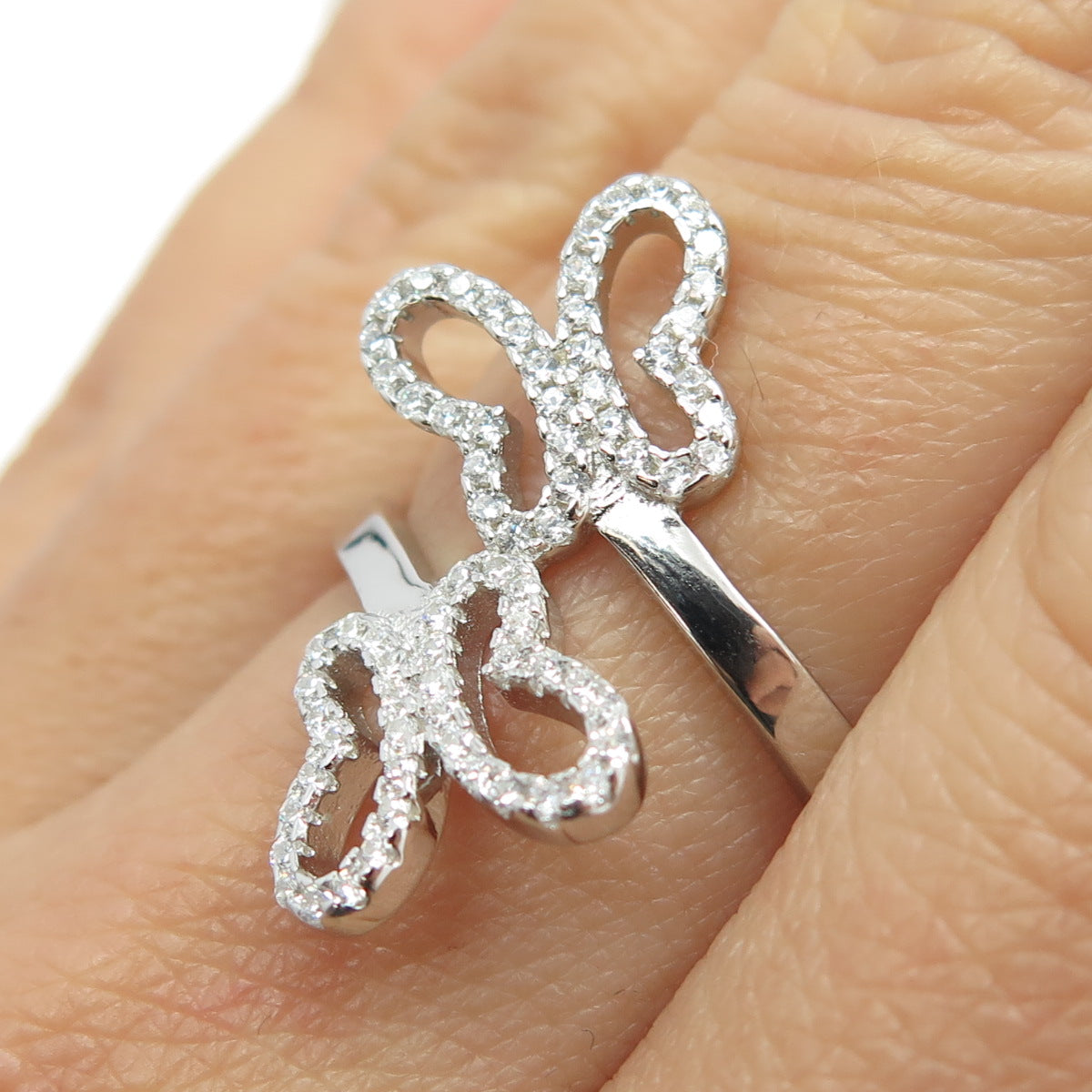 925 Sterling Silver Pave C Z Couple of Butterfly Ring Size 8